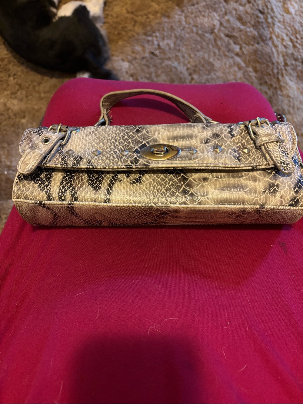 Snake-Print Leather Top-Handle Clutch in Beige and Black